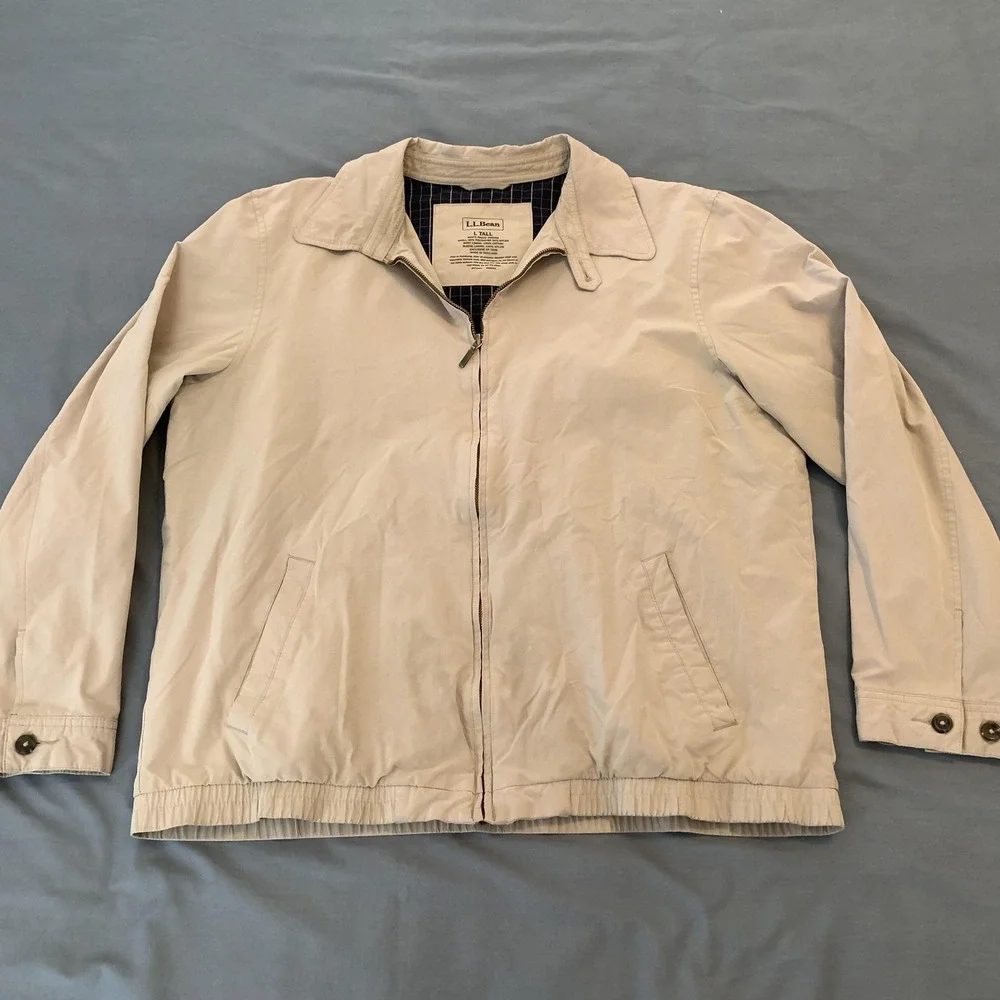 L.L. Bean Jacket Mens LT Tall Beige Lined Microfiber‎ Windbreaker Zip Pockets
